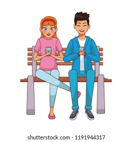 Woman and man using smartphone on bench