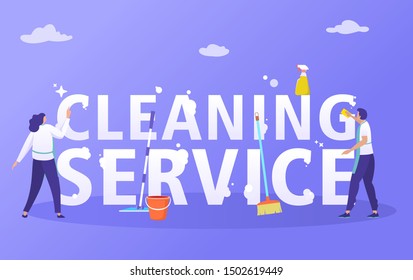 Woman and man using sponge and wiper to clean house, cleaning service with flat character vector illustration design,  can use for, landing page, template, ui, web, homepage, poster, banner, flyer