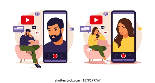 Woman and man video bloggers sitting on sofa with phone and recording video with smartphone. Different social media icons. Vector illustration in flat style.