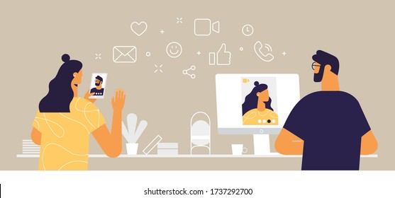 Woman And Man In A Video Chat. Online Meeting And Remote Communication On The Internet. Social Media Line Icons: Call, Emoji, Message, Video, Phone, Share, Like. Vector Illustration In Flat Design