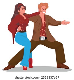 woman and man in vintage 70s clothes dancing happily, vector illustration.