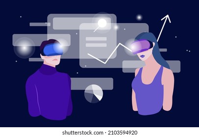 Woman and man in VR headset searching and working with big data. Concept of virtual or augmented reality with graphics. Modern flat vector illustration.