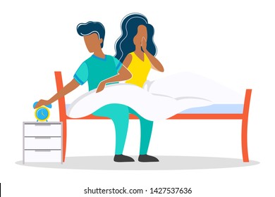 Woman and man waking up together early in the morning. Character african american couple in the bed. Alarm clock, morning routine. Isolated flat vector illustration