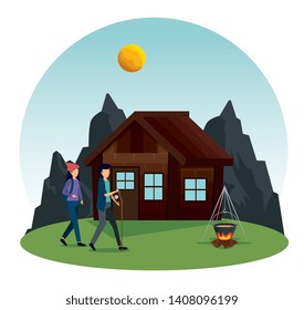 woman and man walking to camb and firewood food