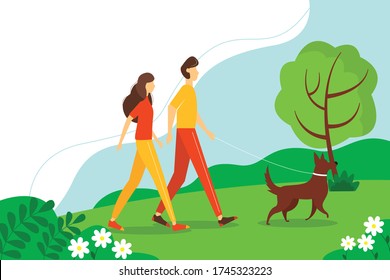 Woman and man walking with the dog in the Park. The concept of an active lifestyle, outdoor recreation. Cute summer illustration in flat style.