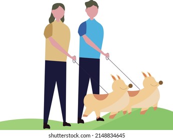 Woman and man walking with dog. Pet and people. Vector illustration.