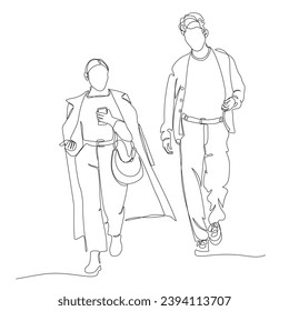 Woman and man walking. Woman holding phone and leading the way. Continuous line drawing. Black and white vector illustration in line art style.