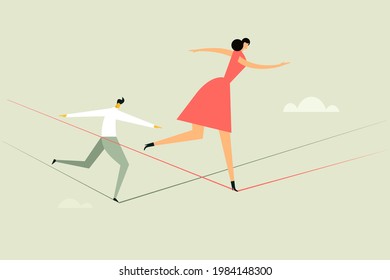 A Woman And A Man Walking On A Tight Rope. Concept For Moving Ahead With Risks And Challenges