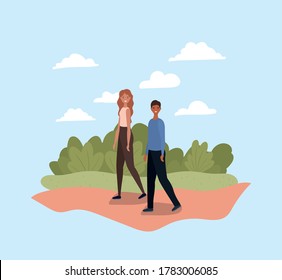 woman and man walking at park design, Outdoor activity and season theme Vector illustration