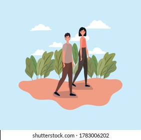 woman and man walking at park design, Outdoor activity and season theme Vector illustration