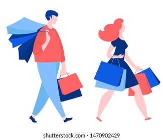 Woman and man walking with purchase buy paper bags . Summer sale discount black friday start . Blue, pink, red colors on white background. Vector illustration flat style.