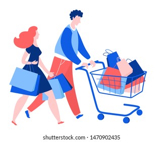 Woman and man walking with purchase buy paper bags . Summer sale discount black friday start . Blue, pink, red colors on white background. Vector illustration flat style.