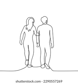 woman and man walking together - one line drawing vector. concept a couple on a walk, a woman holds on to a man's hand