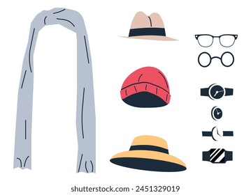 Woman and Man Wardrobe Accessory and Goods. Set of Hat, Beanie, Scarf, Various Wristwatch and Eyeglasses. Different Male and Female Accessories Collection. Cartoon Flat Vector Illustration