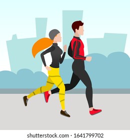 A woman and a man in warm sportswear are running around the park. Cold season: spring, autumn, winter. City landscape. Girl and boy are training in the fresh air.