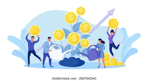 Woman and man watering money tree. Business people characters picking cash from money plants. Growing and making profit. Revenue and income metaphor. Financial growth, successful investment
