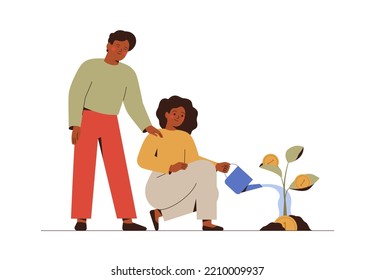 Woman and man watering a money tree. Business partners grows plant with coins. Young family makes capital. Green economy and funding concept. Revenue and income Vector illustration