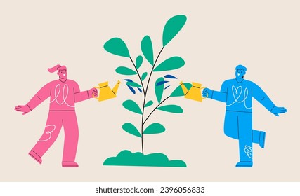 Woman and man is watering plant. World environment day, biotechnology, green planet, earth with trees growing on it, ecology. Colorful vector illustration

