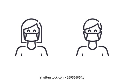 Woman and Man Wear Medical Face mask to Protect Themself from Coronavirus or Covid-19. Outline Illustration Vector. EPS 10. Editable Stroke.