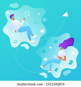 Woman and man wear virtual reality digital glasses are working in a virtual environment. People interacting with charts and analysing statistics. Virtual augmented reality.  For banner, landing page