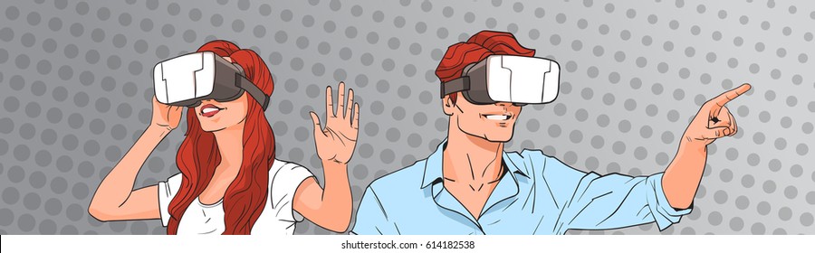 Woman And Man Wear Virtual Reality Digital Glasses Pop Art Colorful Retro Style Vector Illustration