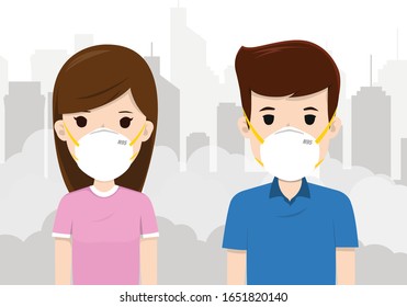 woman and man wearing air pollution mask for protect dust PM2.5, Smoke, Smog, Respiratory, Environment, Health, Breath, Virus, Covit 19.