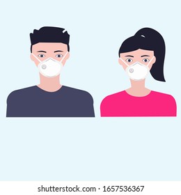 Woman and man wearing breath anti dust mask pm2.5 for protect something that cause allergic reactions include pollen, dust particles and animal, bacteria. Face Mask Protection N95. Flat style