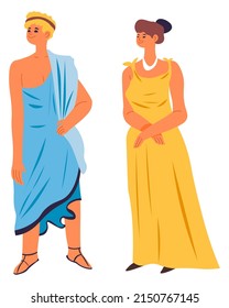 Woman and man wearing classic traditional clothes of ancient Rome or Greece. Isolated male and female personages on wedding. Toga and dress and accessories. Young people. Vector in flat style