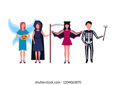 woman man wearing different costumes standing together happy halloween concept isolated male female cartoon character full length flat horizontal vector illustration