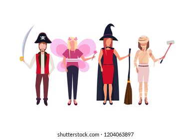woman man wearing different costumes standing together happy halloween concept isolated male female cartoon character full length flat horizontal vector illustration