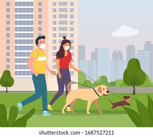 Woman and man wearing face masks walking with a dogs in the city park. Vector flat style illustration