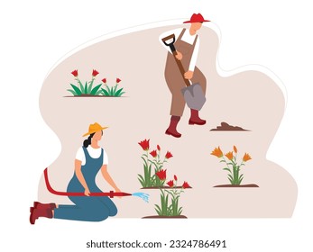 Woman and man wearing hats and gardening clothes watering plants and digging with big shovel flowers in spring, fun activity as couple. Vector flat illustration