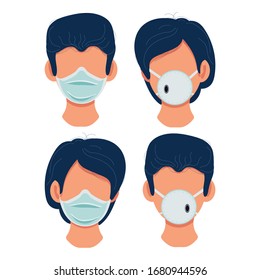 Woman and man are wearing mask and respirators, be sure to wear on your face.Stop virus infection.Required airways protection. Medical information banner.Vector illustration, flat design, cartoon style.