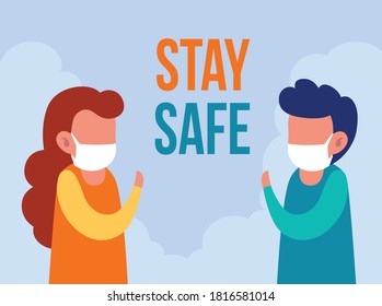 Woman and Man Wearing Masks Practicing Social Distancing to Prevent the Spread of the Virus and Stay Safe Poster Flat Illustration. EPS 10 Vector.