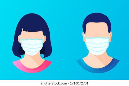  Woman and man wearing in medical  protection face masks. Flat style vector illustration icon on a blue background.