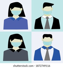 Woman and man wearing in medical protection face masks. Flat style vector illustration icon on a white and blue background.