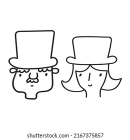 Woman and man wearing old fashioned hats. Outline vector icons on white background.