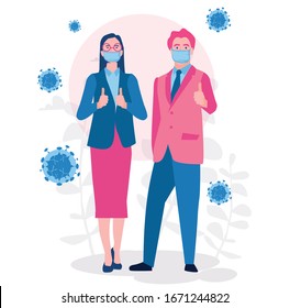 Woman and man wearing protective Medical mask for prevent virus Wuhan  from china. Quarantine coronavirus, coronavirus COVID-19. Vector illustration for web banner, infographics, 