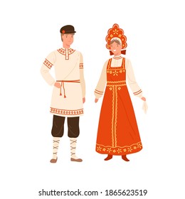 Woman and man wearing russian national costume. Female character in kokoshnik and traditional sarafan. Male person in bast shoes and ornamented shirt. Flat vector illustration isolated on white