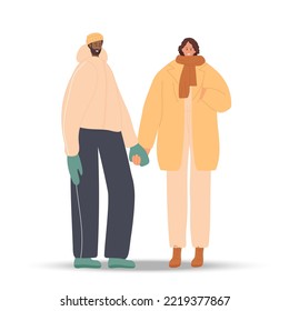 Mujer y hombre con ropa de invierno caliente. Ciudadanos en una caminata de invierno. Chica y tipo en relación tomándose de la mano. Pareja caminando en invierno. Ilustración estacional sobre fondo blanco para su diseño