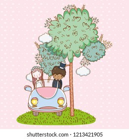 woman and man wedding in the car with tree