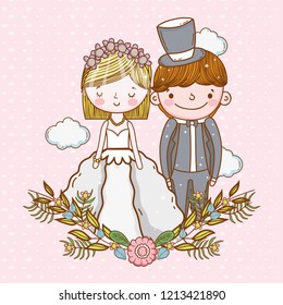 woman and man wedding with clouds and plants leaves