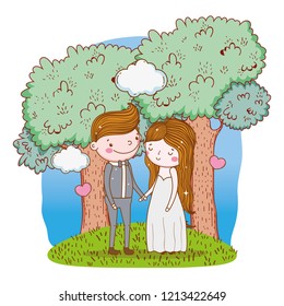 woman and man wedding with clouds and trees