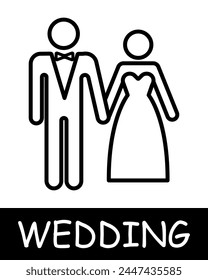 Woman and man in wedding dress icon. Beauty, outfit, girl, tuxedo, tie, couple, relationship, silhouette, simplicity, solemnity and celebration. The concept of marriage, a fateful decision.