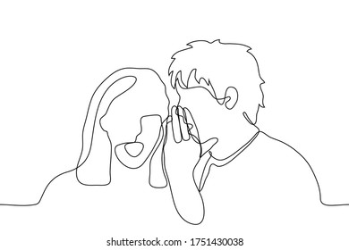 Woman and man are whispering. A man whispers to a woman's ear, she opened her mouth in surprise. One continuous line drawing concept of gossip, transmission of secret, information, hearing