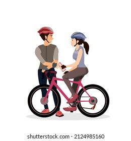 Una mujer y un hombre que es ciclista se paran con una bicicleta de carretera.Enviando botellas de agua entre ellos.Ilustración vectorial aislada en un fondo blanco.Transporte ecológico.Diseño lindo para la impresión de camisetas, icono, logo