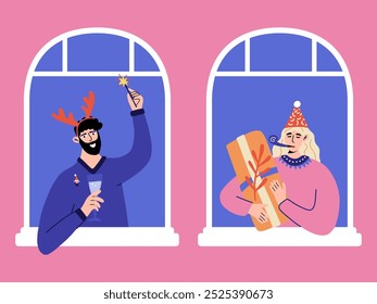 Woman and man in the window celebrate Christmas. Greeting card with cute cartoon characters. Flat vector illustration