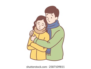 A woman and a man in winter clothes hug each other to keep warm. Hand drawn style vector design illustrations.