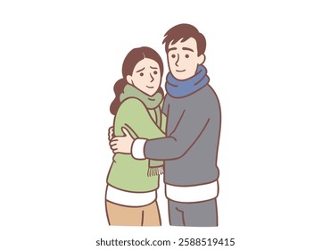 A woman and a man in winter clothes hug each other to keep warm. Hand drawn style vector design illustrations.