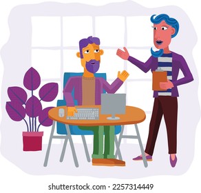 A woman and a man at work business illustration of an office scene with a computer workstation. In an original abstract cubist flat modern cartoon style. 
